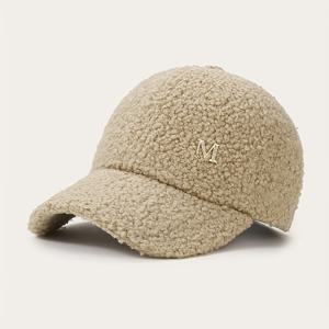 TEMU 여성용 겨울 베이스볼 캡 - 메탈릭 'm' 액센트, 조절 가능한 스냅백 클로저, 소프트 베이지/브라운/블랙/그레이, 가벼우면서 따뜻한 일상/오피스/파티용, 캐주얼 시크한 디자인, 편안한 착용감, 스타일리시 헤드웨어, 패션 애호가를 위한 실외용 모자|모자|볼캡|스냅백