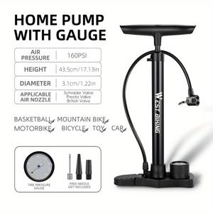TEMU WEST BIKING 160PSI 고압 자전거 펌프 (게이지 포함) - 강력한 발로 작동하는 자전거 펌프, 멀티 밸브 (Schrader, Presta, 영국식) - 수동 작동, 로드 자전거 - 아웃도어, 레이싱, 통근에 적합 - Schrader 호환|자전거|타이어