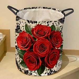 TEMU 1개 레드 로즈 세탁 바구니 손잡이 포함 - 접을 수 있는 라운드 스토리지 바스켓, 내구성 있는 옥스포드 원단, 대용량 세탁실, 침실, 욕실, 기숙사용 - 아버지의 날, 어머니의 날, 추수감사절, 부활절, 크리스마스, 세탁 바구니를 위한 스타일리시 홈 데코 & 휴일 선물, 우아한 디자인, 쉬운 청소 소재|빨래바구니