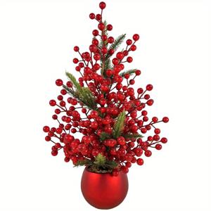 TEMU 1개 리얼리스틱 레드 베리 크리스마스 트리 장식 - 광택 있는 열매, 유지보수 필요 없는 인조 식물 (실내/외용), 빨간 화분 받침대 포함 - 실내/파티/사무실/홈 데코, 사계절 장식품 (테이블탑/선반/벽난로장) - 전기 불필요, 내구성 플라스틱 소재, 세련된 디자인, 고급 마감, 파티 센터피스, 홈