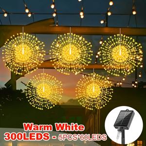 TEMU 300 LED 행잉 볼 라이트 5/4개입, 스타버스트 라이트, 240 LED 태양광 행잉 플라워 라이트, IP65 실외 LED 조명, 실내외 웨딩 크리스마스 장식 불꽃놀이 라이트, 캠핑, 파티오, 정원, 차양, 수영장에 적합.
