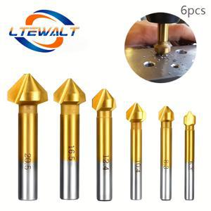 TEMU 6pcs 티타늄 코팅 HSS 채멜링 드릴 비트 세트, 3 플루트 90도 카운터 싱크 엔드 밀, 6.3.5mm - 금속, 나무, 알루미늄 및 스테인레스 스틸 데버링에 이상적