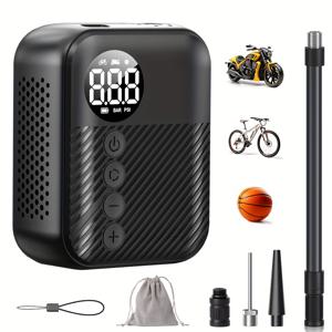 TEMU CaRSun 무선 타이어 공기 주입기 디지털 디스플레이, 150PSI 고압, USB-C 배터리 및 조절 가능한 유량 제어 밸브 - , 자전거, 볼 바이크용 휴대용 에어 컴프레서, 야외 스포츠용 충전식 타이어 펌프, 세련된 디자인, 내구성 있는 구조