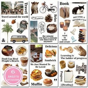 TEMU 6장 빈티지 여행 & 라이프스타일 스티커 - 커피, 책, 고양이, 음식 - 자체 접착 비닐 스크랩북, 저널링, 플래너용 - 반복 없음, 파스텔 장식 - 여행자, 독서 애호가, 펫 오너를 위한 일회용 , 스크랩북 스티커, 플래너 꾸미기, 광택 마감, DIY 공예, 창의적인 콜라주, 고품질 데칼, 크래프트 매니아