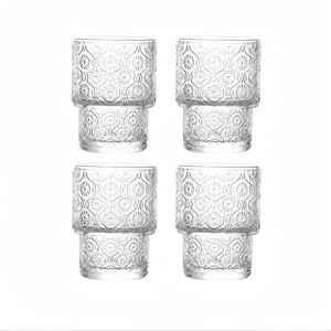 TEMU 4개 세트, 빈티지 엠보싱 유리 컵, 모란이 새겨진 디자인 유리 컵, 아이스 커피, 주스, 칵테일, 우유, 차 등 음료용 재사용 가능, 손세척 전용, 바, 카페, 졸업식, 결혼식 등에 적합