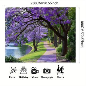 TEMU 1개 자카란다 나무 꽃 배경 - 호수 옆 보라색 꽃길, 우아한 자연 풍경 포토 배너 웨딩/생일/홈 데코용 - 재사용 가능한 폴리에스터 천 실내외 장식 (전기 불필요) - 고요한 호숫가 풍경 벽지, 거실/파티 장식, 생동감 있는 컬러 대비 디테일 프린트