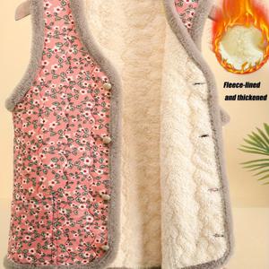 TEMU 여성용 두꺼운 안감 빈티지 플로럴 조끼 - 할머니용 겨울 재킷, 싱글 브레스트 버튼 프론트, 따뜻한 노인 코트, 손세탁 가능한 가을/봄 아우터웨어 (할머니 검색 타겟팅을 위한 중국어 병음 이름)