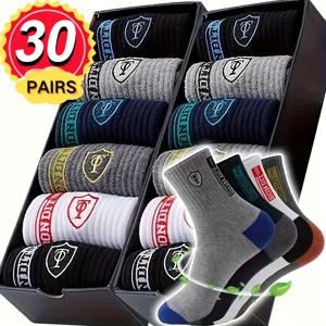 TEMU 남성용 사계절 운동 양말 30켤레 - 두껍고 따뜻하며 통기성 좋은 고탄력 러닝 양말, 패셔너블 레터 디자인, 멀티컬러 콤보, 아웃도어 스포츠 및 캐주얼 웨어, 액티브 라이프스타일, 스타일리시 디자인, 편안한 착용감, 피트니스 애호가 및 아버지를 위한 최고의 선물