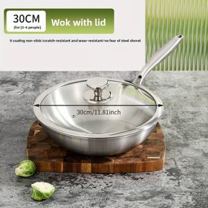 TEMU 칼리버 26cm/28cm/30cm-304 스테인리스 스틸 프라이팬 뚜껑 포함, 중국산 헤비듀티 프라이팬, 주방용 볶음요리, 오믈렛, 스테이크 튀김 등에 적합, 인덕션 사용 가능, 실버 컬러, 브러시드 표면