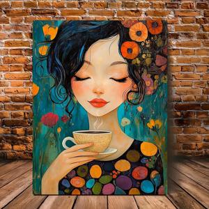 TEMU 1개 모던 커피 컵 그림 - 청록색, 오렌지, 보라색 머리 소녀 아트 캔버스 액자 벽 장식 (거실, 주방, 카페, 사무실용) - 팜하우스 데코 & 커피 애호가 선물, 커피 테이블 장식, 주방 예술 작품, 홈 , 꽃무늬 디자인, 내구성 있는 프레임, 카페 �너를 위한 인테리어 아트
