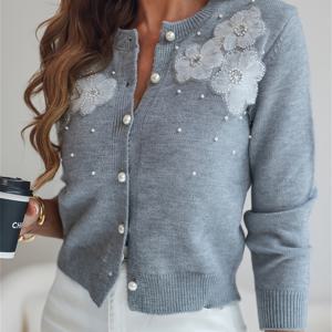 TEMU 3D 플로럴 비즈 단추 라운드넥 가디건