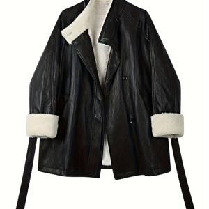 TEMU 여성 빈티지 바이커 재킷 - 벨트 장식 롱 코트, 모터사이클 라이딩용 신축성 없는 아우터, 가을/겨울 인조 모피 코트, 여성용 캐주얼 아우터, 모터사이클 라이딩 장비, 레트로 패션, 내구성 좋은 원단, 가을 패션, 클래식 디자인|빈티지|패션