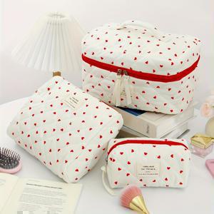 TEMU 새로운 레드 하트 메이크업 백, 고급스러운 여행용 휴대용 프레시 컬러블록 화장품 파우치, 대용량 핸드헬드 코인, 열쇠, 화장품 정리함