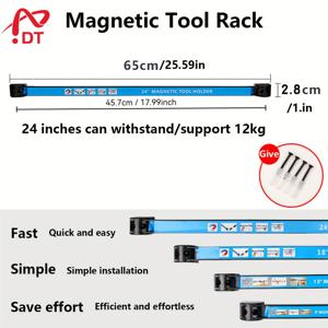 TEMU DT 8/12/18/24인치 자석 공구 스트립 - 자석 바, 스테인리스 스틸 차고 보관함, 블루 라벨 슬롯이 있는 헤비듀티 자석 공구 랙, 수동 공구, 드라이버, 렌치 쉽게 설치, 다양한 사이즈, 스냅 링크 연장, 차고, 작업장, 주방, 집, 사무실, 실내, 야외용