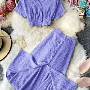 TEMU 여성용 투피스 보라색 원피스, 허리 주름 처리로 효과적인 디자인, 단일 줄 버튼이 우아함과 고상함을 표현합니다.