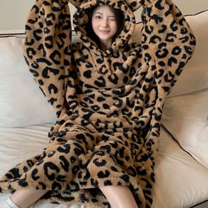 TEMU 여성용 포근한 플리스 안감 프린트 후드 드레스 - 따뜻하고 스타일리시하며 루즈핏 긴팔 파자마 스커트, 가을/겨울에 적합, 집이나 외출용, 한국 스타일|여성원피스|인견원피스|파자마