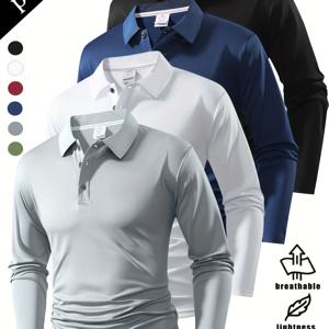 TEMU 봄/가을 남성용 긴팔 폴로 셔츠 4종 세트, 스타일리시하고 심플한 디자인, 활용도 높은 단색 디자인, 트래디셔널 슬림핏, 스포티하고 캐주얼한 스타일, 부드럽고 편안한 착용감, 풀오버 스타일, 재질 무게는 220g/㎡.