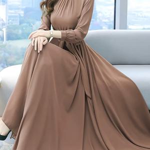 TEMU 여성용 우아한 솔리드 컬러 드레스, 데일리 우아한 드레스, 스트럭처드 스탠드업 칼라, 트럼펫 쉐이프 A라인 실루엣, 세탁기 사용 가능한 논엘라스틱 소재, 웨딩, 파티, 비즈니스 이벤트용 - 여성 드레스, 브라이즈메이드 드레스