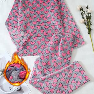 TEMU 2pcs 여성용 가을/겨울 플란넬 파자마 세트, 라운드 넥 긴팔 바지 소프트 컴포트 레드 하트 프린트 홈웨어, 아늑한 라운지웨어, 겨울 파자마, 하트 패턴, 캐주얼 슬립웨어, 편안한 원단, 부드러운 플란넬, 투피스 세트, 매칭 파자마, 성인용 잠옷, 코지 홈웨어, 여성용 가을 파자마, 여성용 파자마 세트