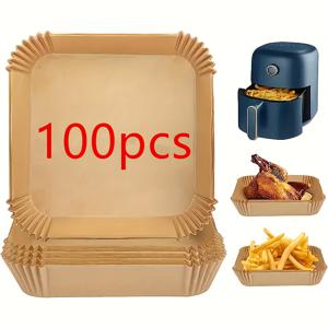 TEMU 100개 비스틱 베이킹 페이퍼 라이너, 에어 프라이어 오븐 전자레인지 고온 저항 베이지 사각 라이너, 높은 가장자리와 식품 안전 크래프트 페이퍼로 쉬운 청소, 치킨 윙, 프라이, 파티 요리용 완벽