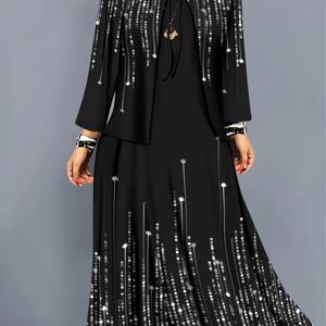 TEMU 세련된 여성용 투피스 세트. 블랙 앤 화이트 프린트 긴팔 가디건과 드레스가 함께 어우러져 일상적인 우아함을 연출합니다.