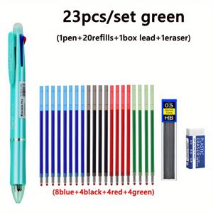 TEMU 5 in 1 멀티컬러 지워지는 젤 펜 세트, 0.7mm 매직 리필 롤, 0.5mm 자동 연필심, 신학기 문구 볼펜 사무용 필기 용품 (펜 1개 + 리필 20개 + 연필심 1개 + 지우개 1개)