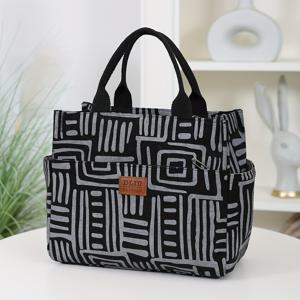 TEMU DLIU 대용량 보온 내부 도시락 가방 - 베이지 & 블랙 기하학 패턴, 지퍼 클로저 및 사이드 컵 홀더 포함 - 직장인, 학교, 여행, 피크닉을 위한 넉넉한 토트백 - 비식품 접촉 방지, 빈티지 디자인, 튼튼한 손잡이, 사무실 작업자 필수 아이템|토트백