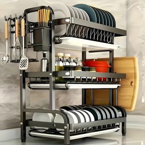 TEMU 1개 대형 주방 수납 선반, 빠른 배수 기능, 포크 홀더, 도마 선반, 건조 카운터탑 - 다기능 주방용품 정리대, 그릇, 접시 등 수납, 주방용품 홀더|세련된 금속 선반|내구성 있는 주방용품, 주방 정리대