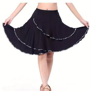 TEMU 우아한 멀티 레이어 스트레치 밀크 라틴 댄스 하프 스커트 - 반짝이는 브레이드 에지 & 탄력 있는 허리 - 우산 플레어 A라인 스커트 (무대, 공연, 캐주얼 웨어) - 봄 여름 가을용, 손세탁 전용|라인댄스복