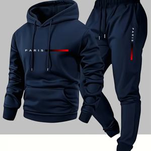 TEMU 남성용 캐주얼, 만화 파리 레터 디자인, 드로스트링 포켓 및 매칭 조거 팬츠 세트, 2pcs.