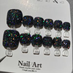 TEMU 10+2팩 블랙 멀티컬러 오로라 글리터 발톱 스티커, 반짝이는 별이 달린 분리형 핸드메이드 가짜발톱 - 봄/여름 빛나는 디자인