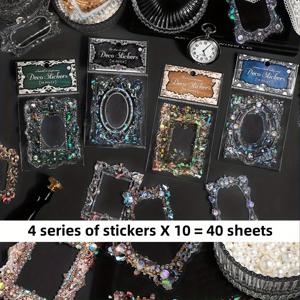 TEMU 40매 블랙 판타지 바로크 스타일 PET 쉘 라이트 포토 프레임 글리터 스티커 - 자가 접착, 반짝이는 마감, 스크랩북 및 프로젝트용 불규칙한 모양, 혼합 색상, 플라스틱 재질, 매직한 분위기를 연출하는 데 적합, 스크랩북 액세서리