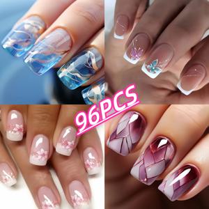 TEMU 96개 중간 길이 스퀘어 프레스온 네일 - 블루 플로럴, 나비 디자인 글리터 네일 패치 - 여성용 매니큐어/스탠드케어 - 일상, 파티, 웨딩, 프로미용 - 쉬운 적용 네일 & 파티 액세서리
