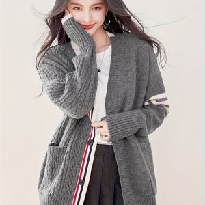 TEMU 새로운 여성용 회색 가디건 스웨터, V넥 디자인으로 봄, 가을에 편안한 스타일을 연출합니다.