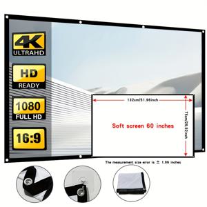 TEMU 60인치 프로젝션 스크린, 최고 인기, 휴대용, 공간 절약형. 거실, 침실, 사무실 등에 적합하며, 드릴링 없이 간편하게 설치 가능.