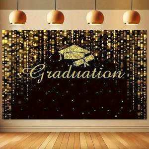 TEMU 블랙 & 골드 글리터 졸업 배경 배너, 골드 캡 & 학위 디자인 - 실내/외 졸업식, 포토 부스용 고급 폴리에스터 파티 장식, 간편한 설치, 현수막, 할로윈 장식