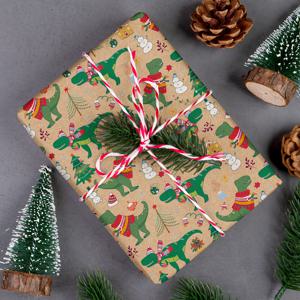 TEMU 1롤 크리스마스 크래프트 포장지 - 귀여운 공룡 & 트리 패턴, 어린이 파티 장식, 선물 포장, 트리 장식용 - 두꺼운 찢김 방지 크래프트 롤 17인치 x 16.4피트