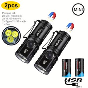 TEMU 2개/X61 6000K 3x LED 미니 고휘도 손전등 Type-C USB 충전식 휴대용 클립 자석 야간 조명 여성 백팩 포켓 스트로브 라이트 충전 토치 아웃도어 하이킹 캠핑 홈 작업 수리 플래시 램프 18350 배터리 포함