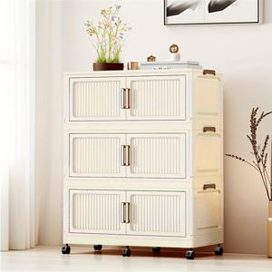 TEMU 대형 90cm 접이식 수납장, 크림색 잠금 바퀴 포함 - 다층 정리함 (의류 및 장난감 보관용), 내구성 있는 모던 디자인, 방수 플라스틱, 공간 절약형 스태커블 설계, 거실·침실·욕실·서재·주방·발코니·기숙사·창고·공구 저장소에 적합