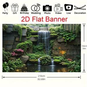 TEMU 2D 배경, 2D 배너, 원피스, 폭포와 풍성한 녹색 식물이 있는 배경 - 흐르는 물과 생생한 잎사귀가 있는 풍부한 석조 벽 디자인, 주름 방지 및 내구성이 뛰어난 소재로 사진, 라이브 스트리밍, 결혼식에 적합