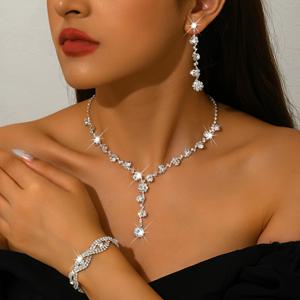 TEMU 우아하고 트렌디한 섹시 목걸이, 귀걸이, 팔찌 세트 | 파티, 결혼식, 연회를 위한 라인스톤 장식 구리 주얼리 - 실버 도금, 니켈 프리, WLOERINS 브랜드