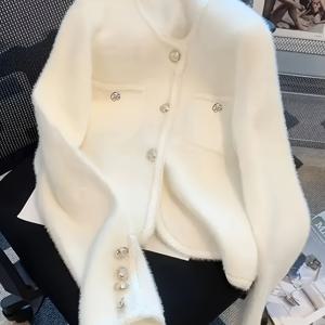 TEMU 여성용 프렌치 화이트 가디건 골든톤 버튼 - 부드러운 루즈핏 긴팔 라운드넥 스웨터, 중간 신축성 사계절 레이어링 피스, 럭셔리 텍스처 캐주얼 시크 가디건, 겨울 레이어링, 프렌치 스타일 카디건, 우아한 디자인