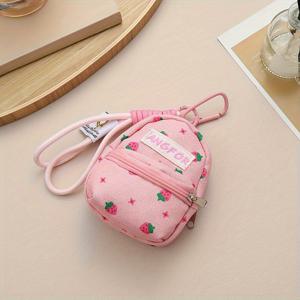 TEMU 1개 핑크 미니 백팩 펜던트 지갑 (딸기 프린트), 조절 가능한 키체인 포함. 다기능 휴대용 동전 지갑으로, 십대용 이어폰 파우치 역할도 함. 내구성이 뛰어난 컴팩트 크로스바디 백으로 적합합니다.