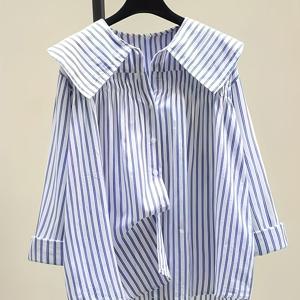 TEMU 여성용 우아한 수직 긴팔 블라우스 - A라인 루즈핏 버튼 프론트 셔츠 재킷, 파란색 & 흰색 수평 칼라, 신축성 없는 겨울 코트 & 정장 이벤트용 (세탁기 사용 가능)