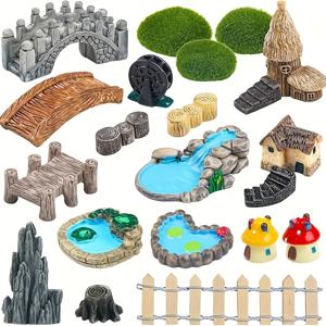 TEMU 21피스 동화 정원 미니어처 모델 액세서리 세트 (다리, 집, 풍경, 우물, 울타리, 소형 조각상, 연못, 버섯, 잔디 포함) - DIY 공예 및 다육식물 장식용