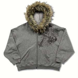 TEMU 여성용 Y2K 레트로 고딕 애니메이션 지퍼업 후드 스웨터 - 오버사이즈 스트리트웨어 자켓, 퍼 칼라 & 풀 지퍼 클로저, 세탁기 사용 가능한 겨울용 보온, 캐주얼 아우터웨어 레이어링 (해골 & 박쥐 날개 프린트) - Y2K 스트리트웨어 패션, 플리스 안감 & 퍼 후드, 사계절용 편안한 핏, 고딕 디자인