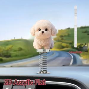 TEMU 2D 아크릴 1개, 매력적인 흰색 플러피 강아지 디자인의 데스크탑 장식용 스컬 패턴 스프링 밸런스 피규어, 2D 평면 차량 대시보드 장식품