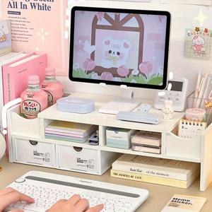 TEMU 화이트 멀티레이어 데스크탑 모니터 스탠드 & 노트북 리저 - 수납 선반 포함, 기숙사·홈·사무실 정리용 PVC 오피스 오거나이저