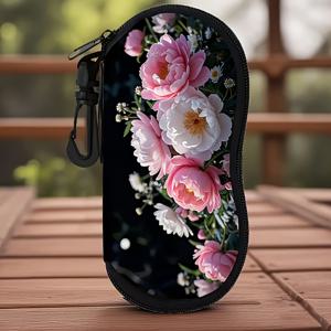 TEMU 1개 꽃무늬 지퍼형 안경 케이스 - 핑크 장미와 화이트 데이지 무늬, 다크 블루 네오프렌 소재, 손목 스트랩 포함, 스크래치 방지 보호 커버 (남녀 공용), 라운드/파일럿/오버사이즈 프레임 호환