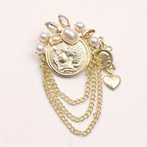 TEMU 매우 멋진 빈티지! 인물 코인 모양의 브로치, 눈에 띄는 모조 진주 체인 장식.